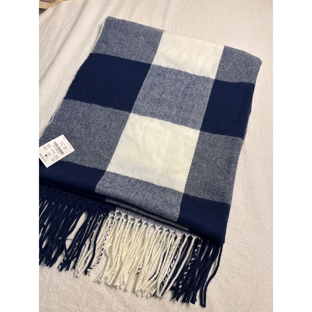 J.Crew Buffalo Check Poncho Women OS Navy White Fringed Plaid Wrap H2857 NEW